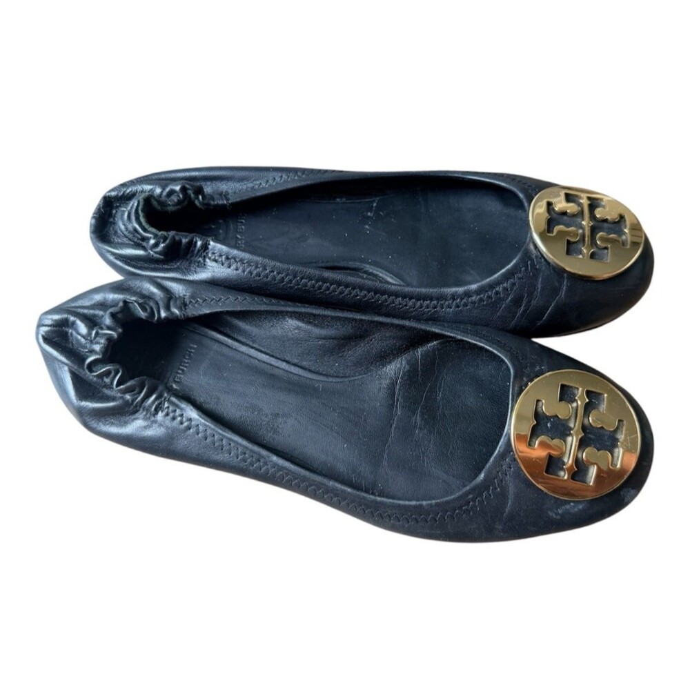 Tory Burch Black Leather Minnie Elastic Scrunch Travel Ballet Flats Women's 7.5M